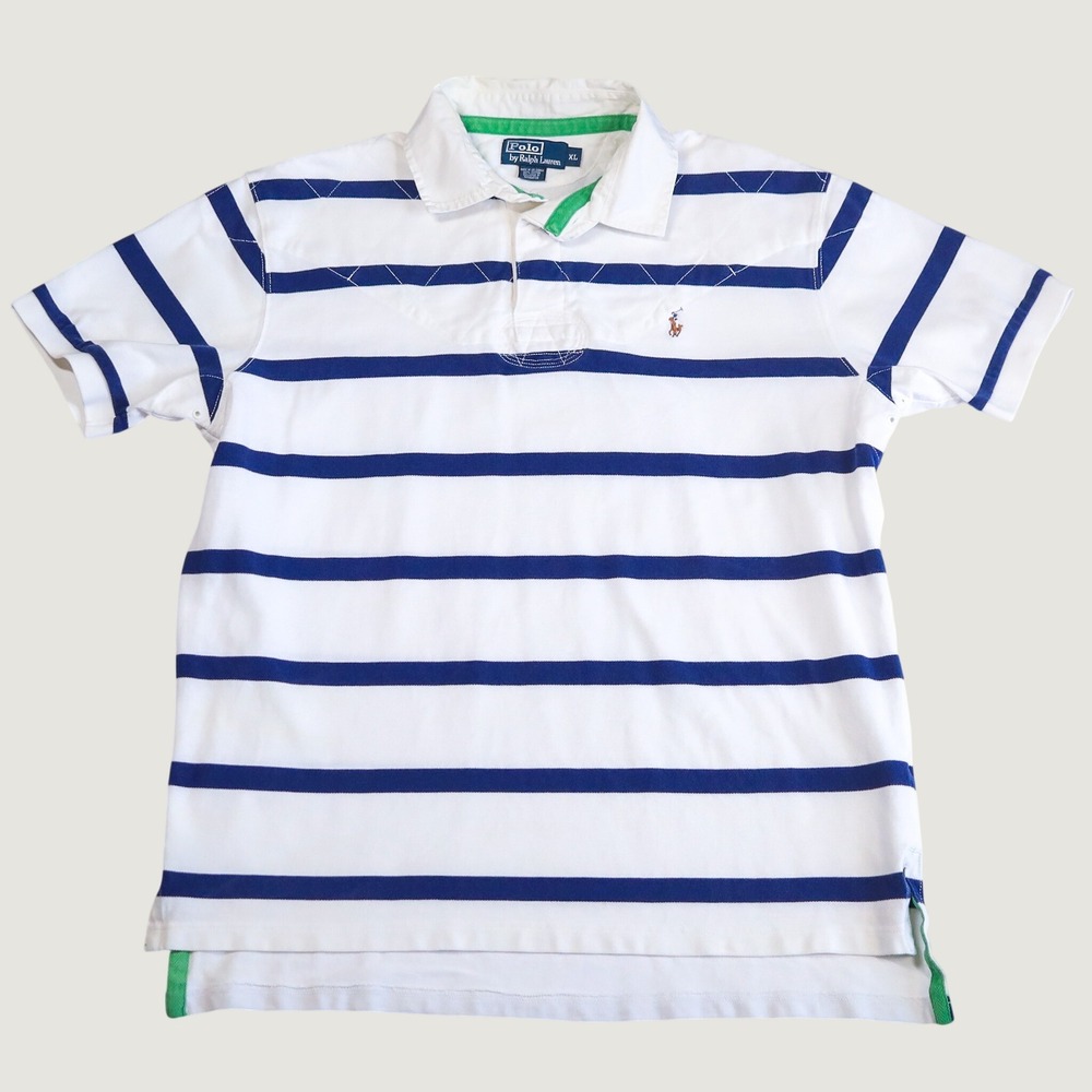 Polo Ralph Lauren Rugby Polo Shirt XL White Blue Striped Quilted Flesh Pony